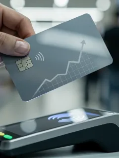 Credit card payment terminal with rising interest rate graph reflection
