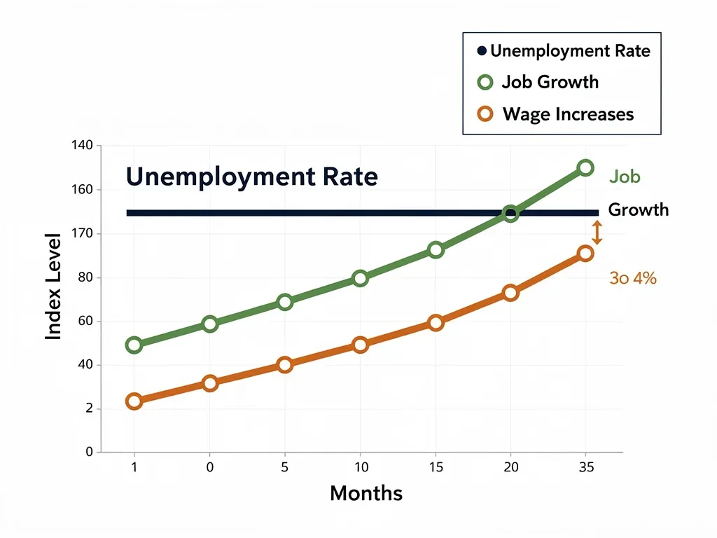 Economic chart showing stable unemployment and rising job growth, indicating market health.