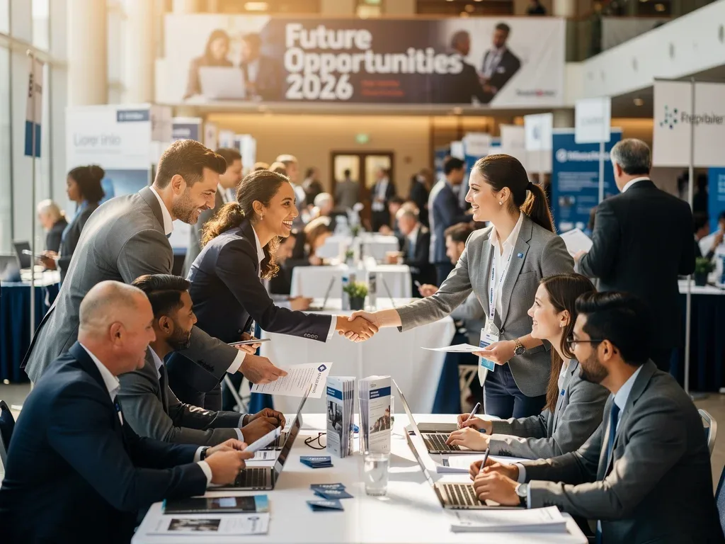 Job fair with diverse participants and 'Future Opportunities 2026' banner.