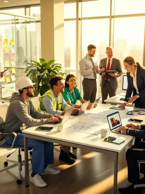 Professionals collaborating in a modern office, symbolizing a stable labor market outlook for 2026.