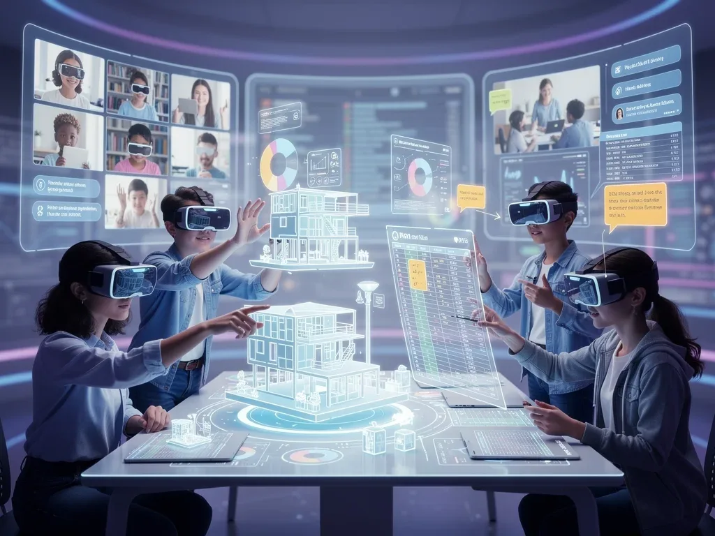 Students collaborating in a virtual reality learning environment