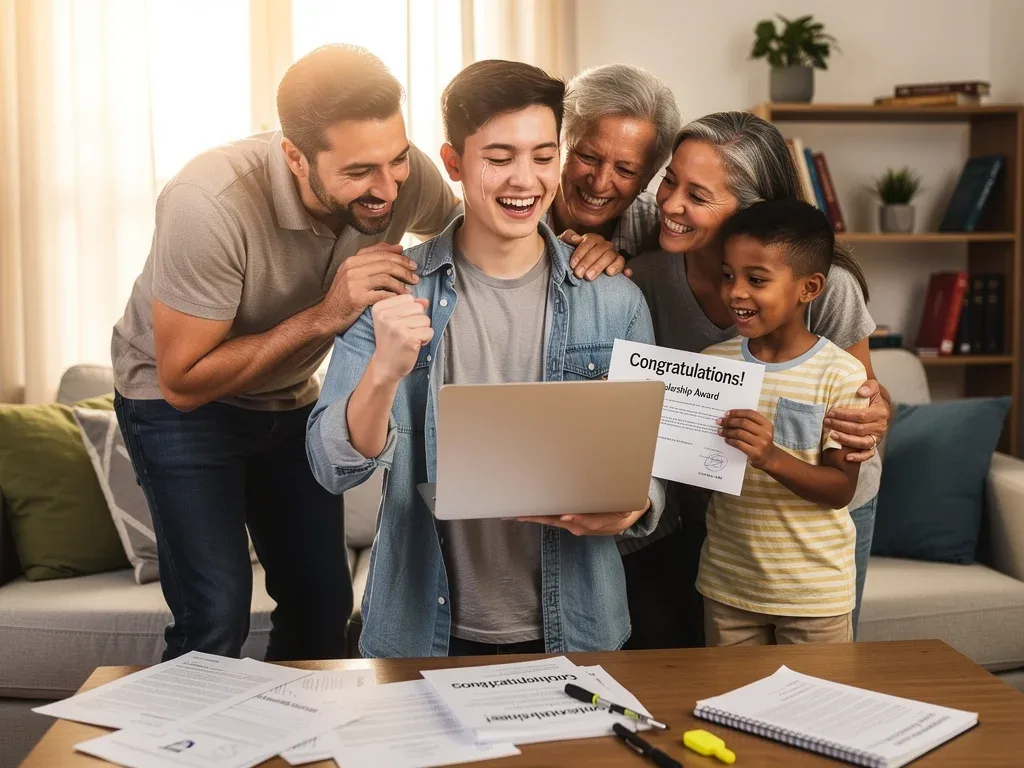 Student celebrating scholarship award with proud family