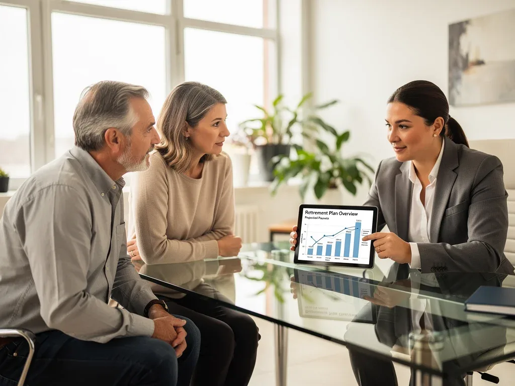 Financial advisor explaining personalized retirement payout options to a couple