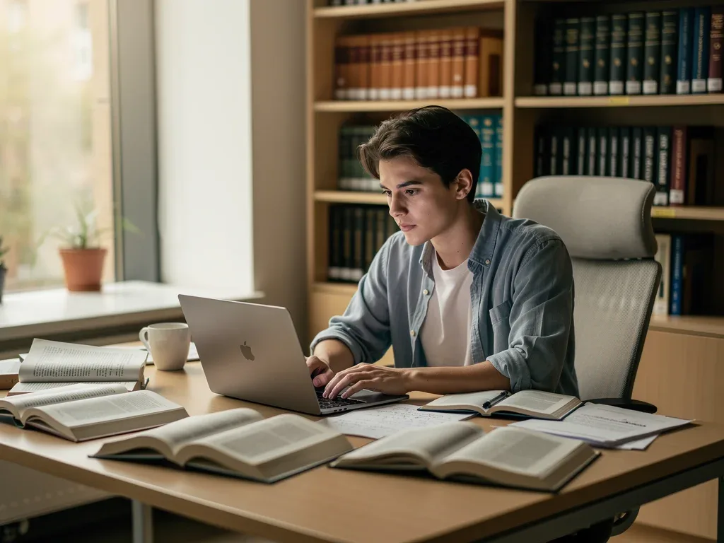 Student studying for an advanced degree in a modern library