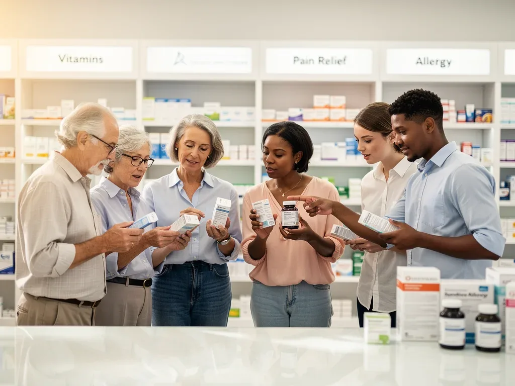 Consumers examining new over-the-counter medication labels in a pharmacy setting.