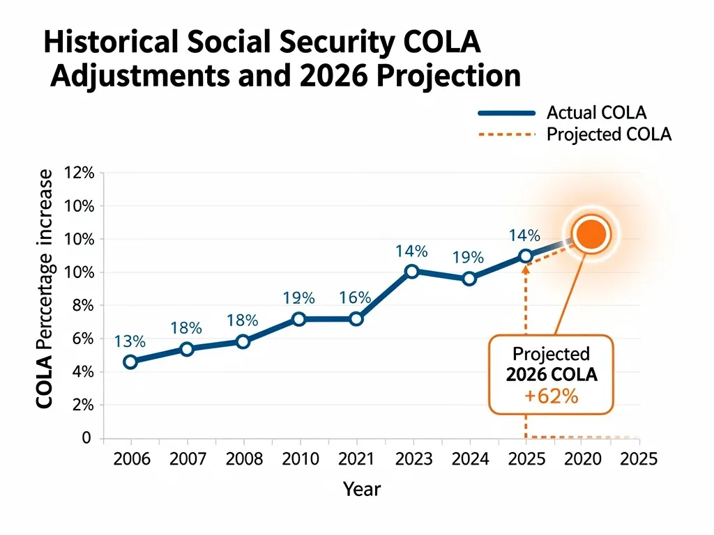 Historical and projected Social Security COLA adjustments graph