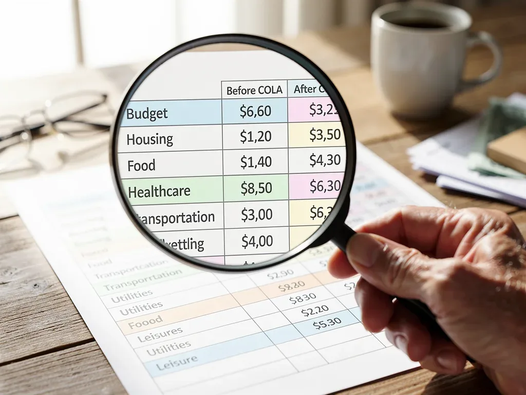 Magnifying glass over a household budget showing COLA impact