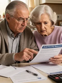 Senior couple examining Social Security statements and financial papers