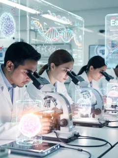 Scientists researching breakthrough cancer treatment in a futuristic lab