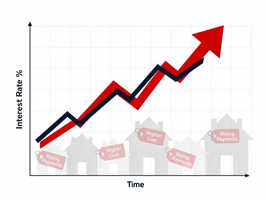 Financial chart showing rising interest rates affecting house silhouettes.