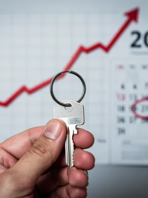 Hand holding house key with upward graph and 2026 calendar, symbolizing mortgage rate changes.