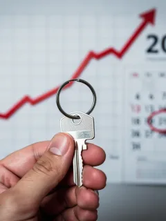 Hand holding house key with upward graph and 2026 calendar, symbolizing mortgage rate changes.
