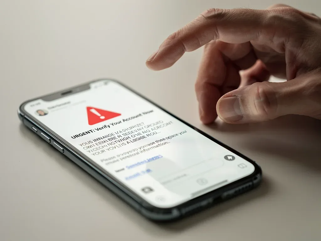 Suspicious email on smartphone, red alert icon indicating potential scam