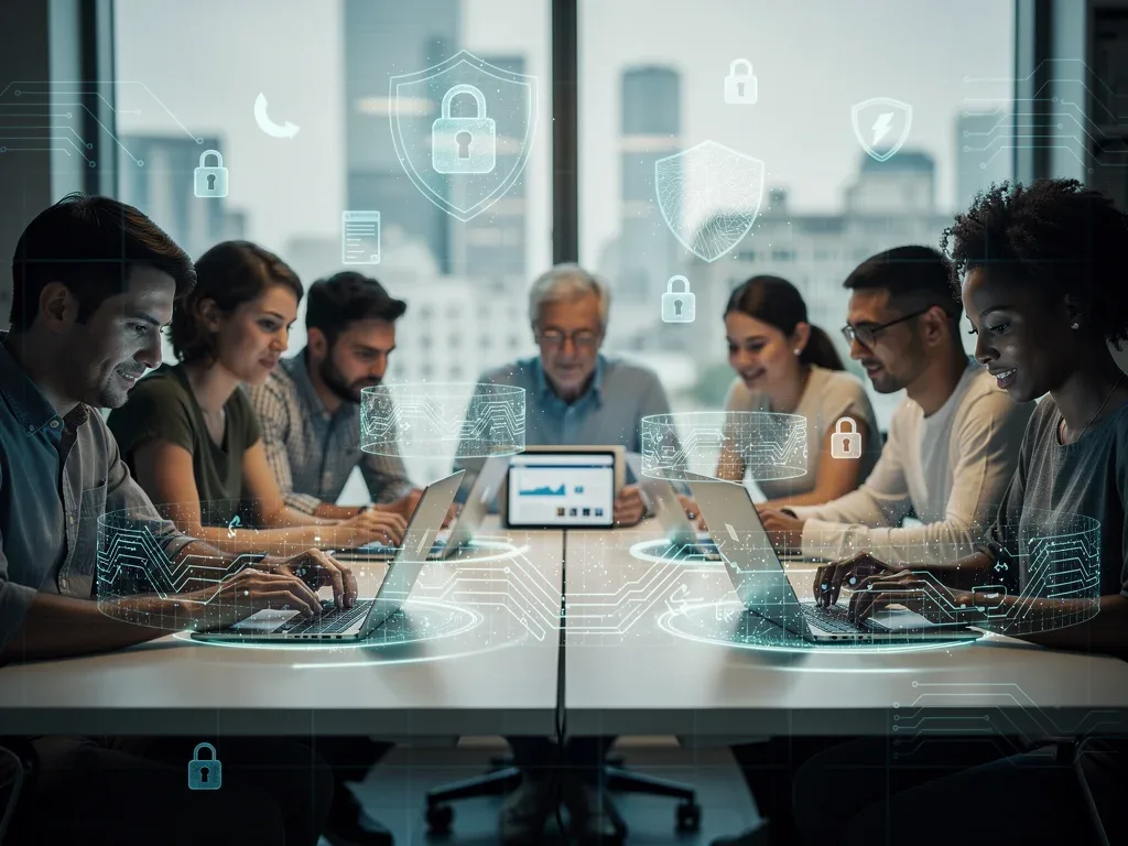 Diverse users practicing online safety with digital security symbols