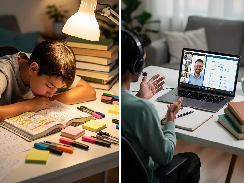 Student studying textbooks and another student engaging in an online PSAT/NMSQT tutoring session.