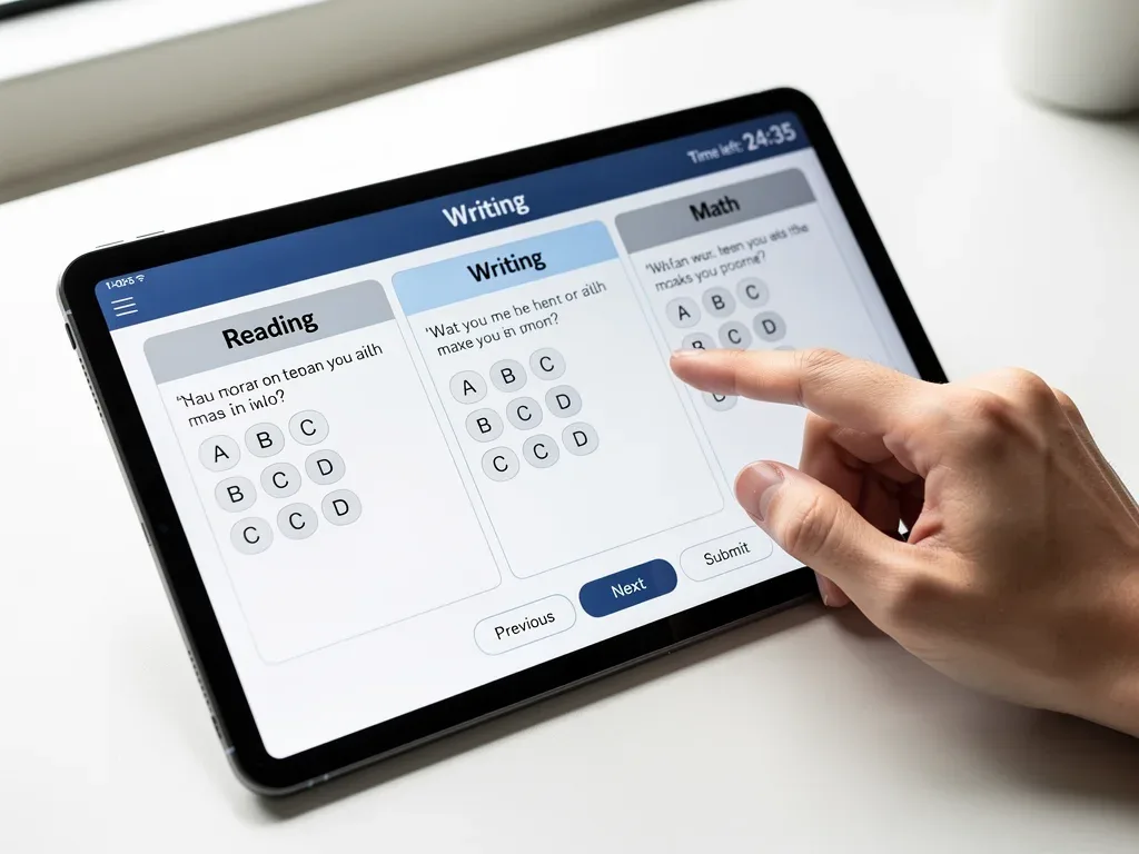 Digital PSAT/NMSQT test interface on a tablet, showing reading, writing, and math questions.