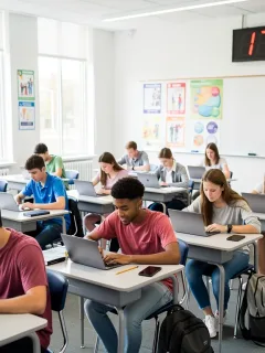 High school juniors taking the digital PSAT/NMSQT on tablets in a modern classroom setting.