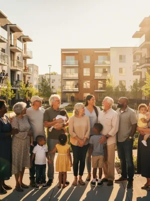 Diverse community standing in front of new affordable housing