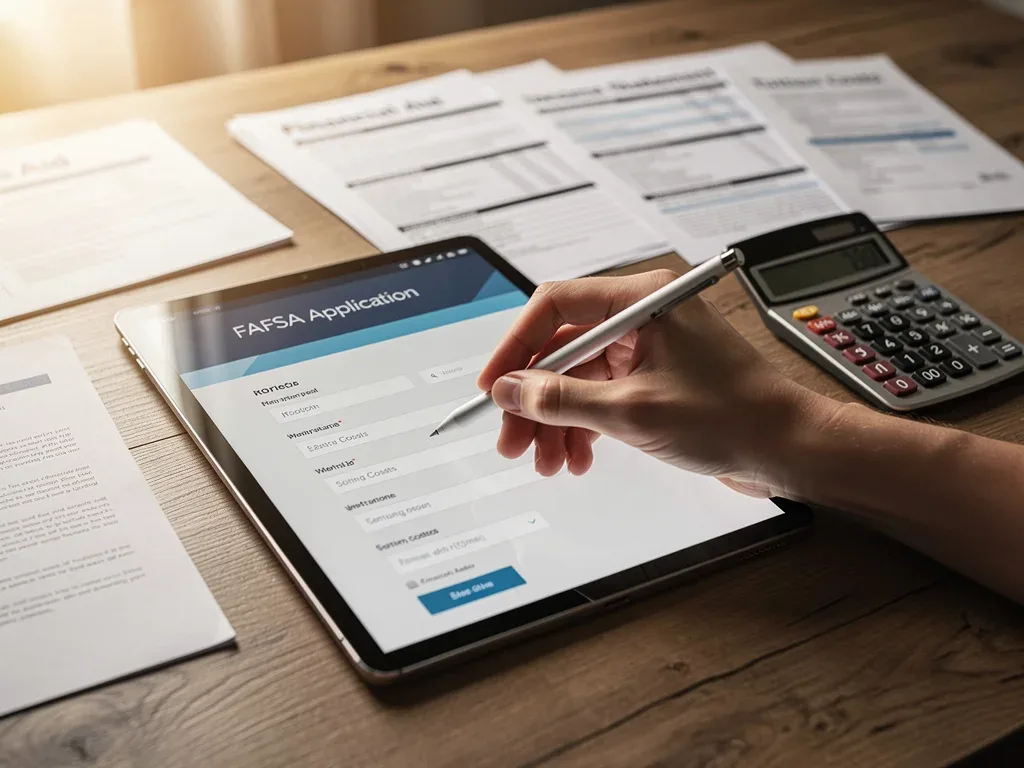 Hand filling out FAFSA form on a tablet with financial documents
