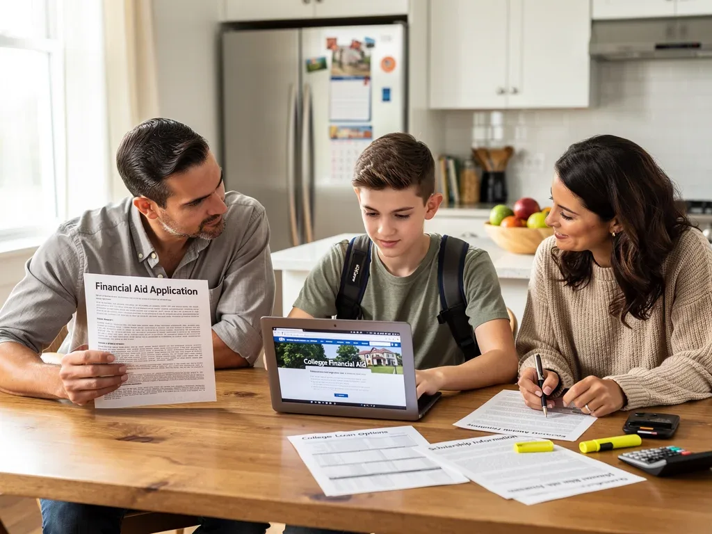 Family reviewing college financial aid documents at home