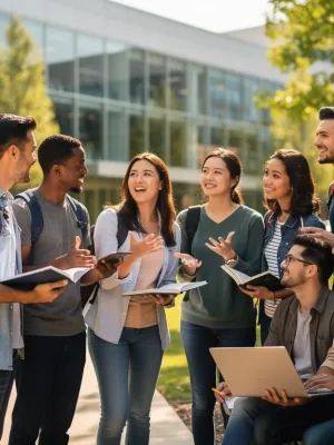 Diverse college students discussing financial aid on campus