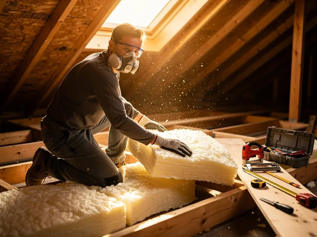 Homeowner installing energy-efficient attic insulation for tax credit eligibility.