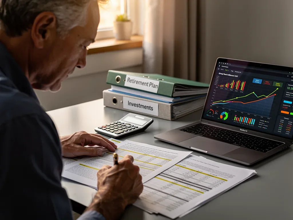 Person analyzing financial statements and investment charts for retirement planning.
