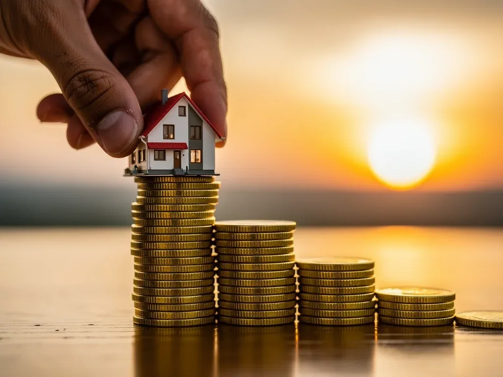 Hand placing a house on a stack of coins, illustrating long-term retirement savings.