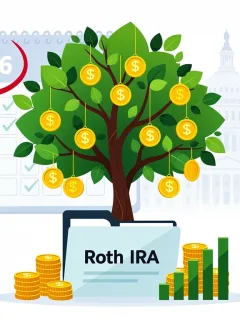 Illustration of a money tree growing with coins, representing Roth IRA tax-free growth for 2026.