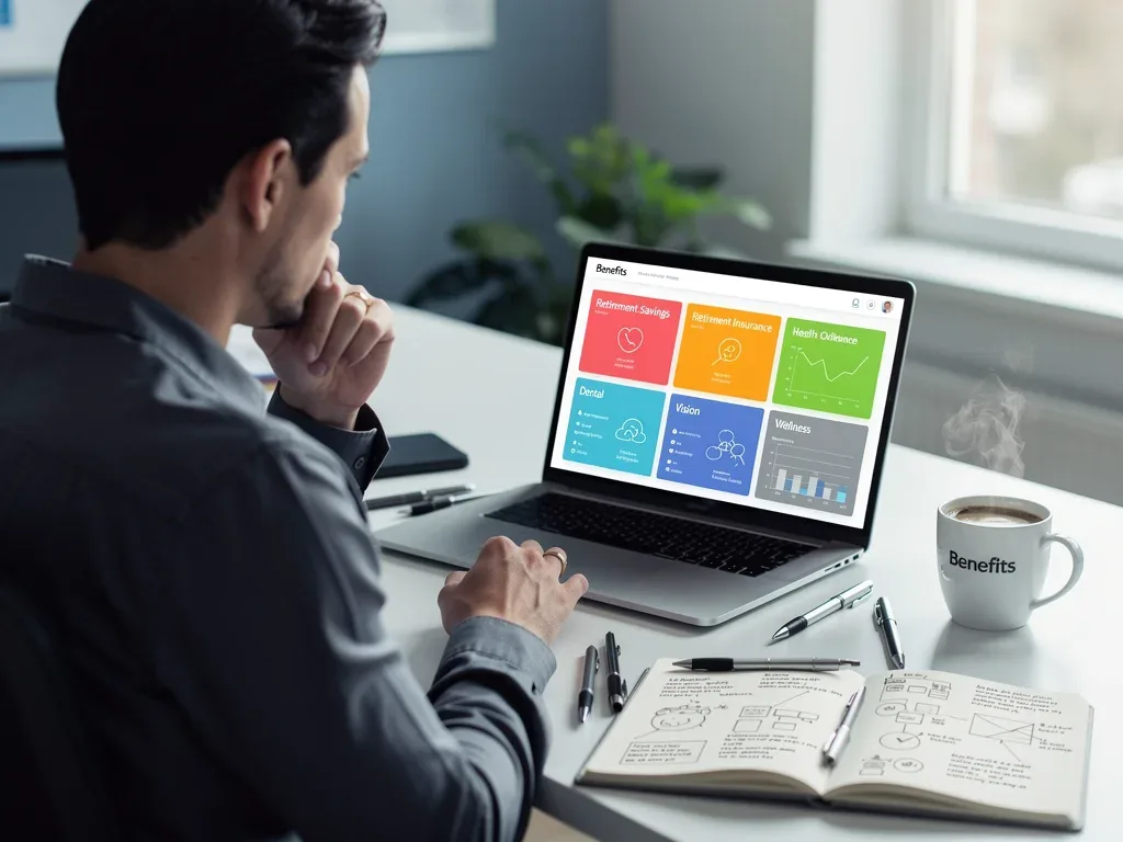 Individual assessing personal financial and health benefits on a laptop.