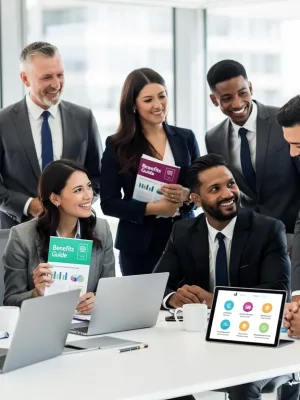 Professionals engaging with employee benefits information in a modern office setting, looking happy and informed.