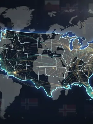 Global trade map showing increased US exports and economic connections.