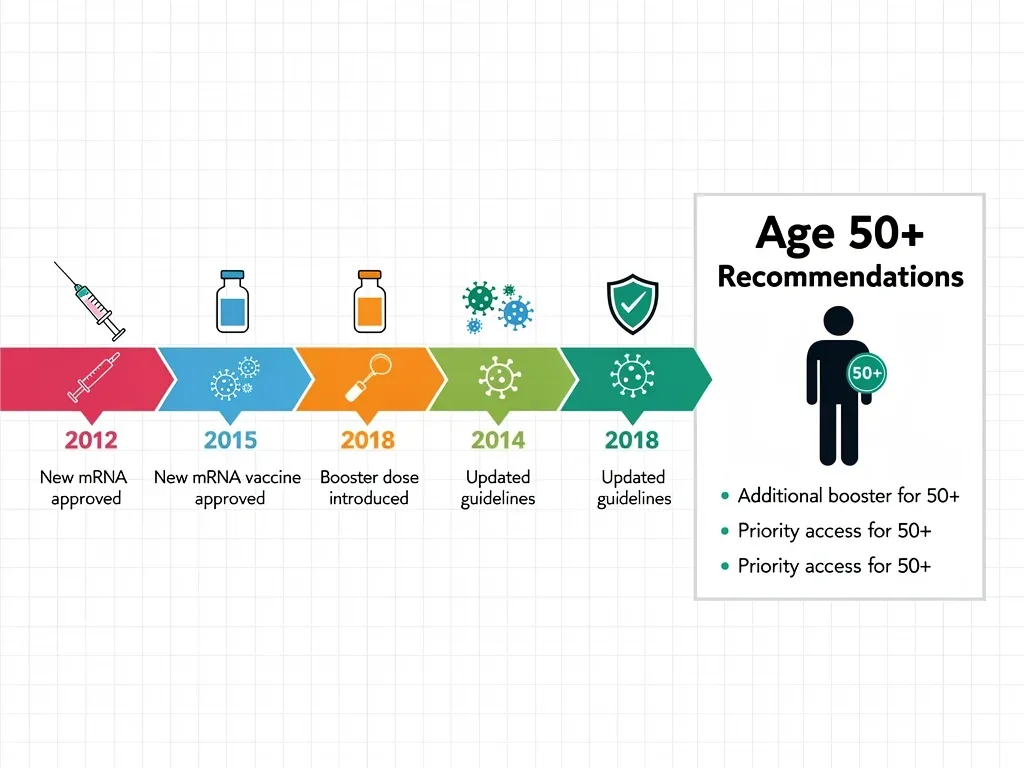 Infographic showing vaccine guideline changes for older adults over time.