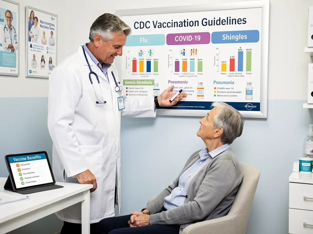 Doctor explaining new vaccine recommendations to an older patient.