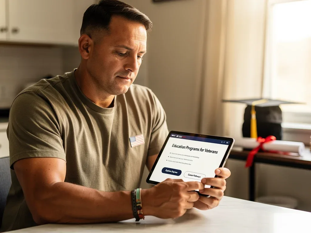 Veteran reviewing educational benefits on a tablet, symbolizing career advancement.