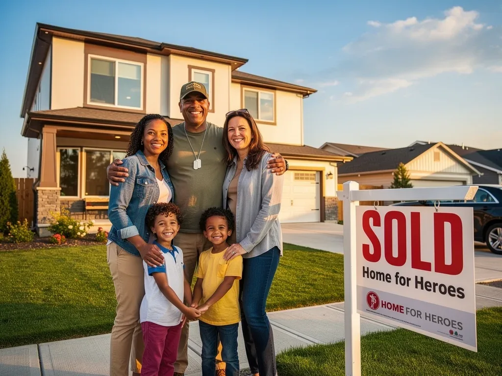 Veteran's family smiling in front of a new home, representing housing benefits.