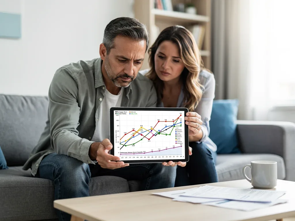 Couple analyzing mortgage rate trends on a tablet, financial planning.