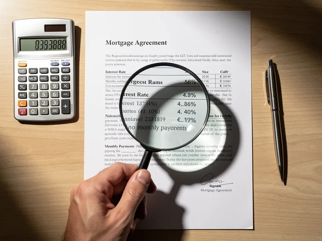 Magnifying glass over mortgage document, calculating interest rates.