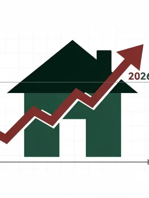 Stylized house with rising mortgage rate chart for 2026 forecast, financial implications.