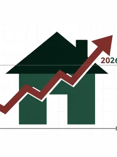 Stylized house with rising mortgage rate chart for 2026 forecast, financial implications.