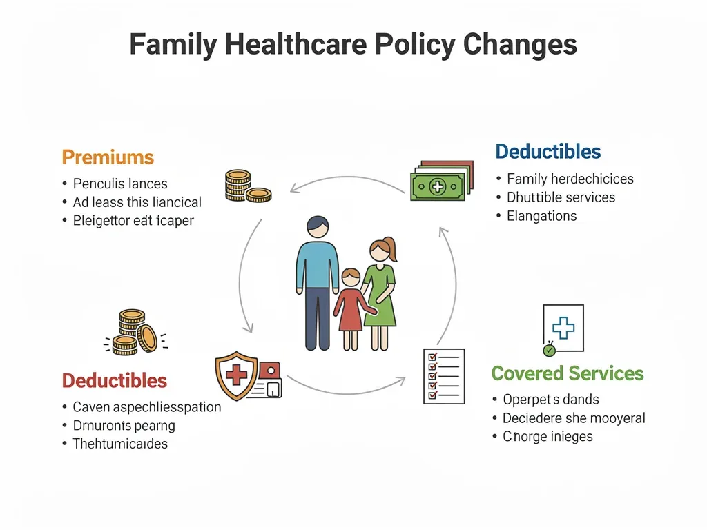Infographic illustrating policy changes and their impact on family healthcare costs and coverage.