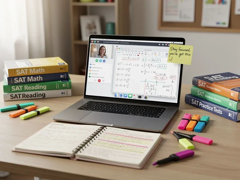 Organized study desk with digital SAT resources