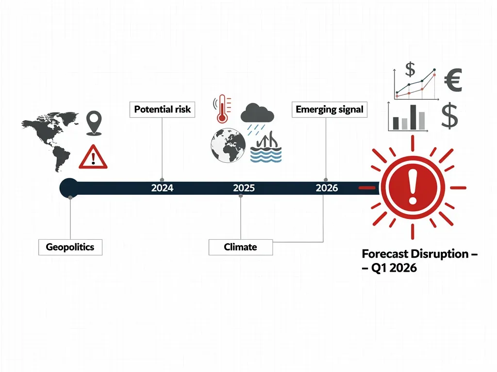 Timeline showing escalating factors leading to Q1 2026 supply chain disruptions.