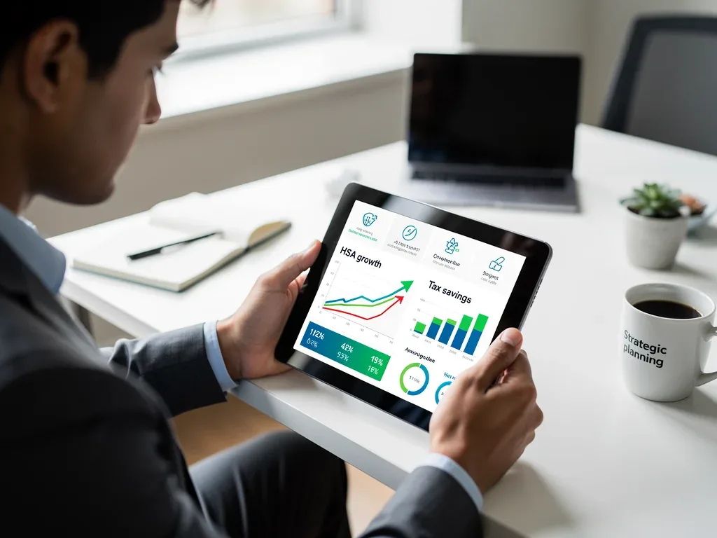 Person reviewing financial data on a tablet, illustrating HSA investment growth and tax benefits.