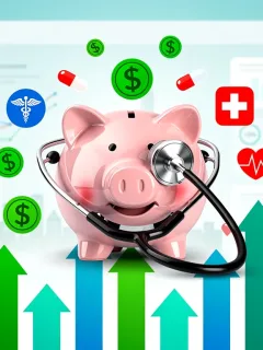 HSA piggy bank with stethoscope and dollar signs, representing healthcare savings and financial growth.