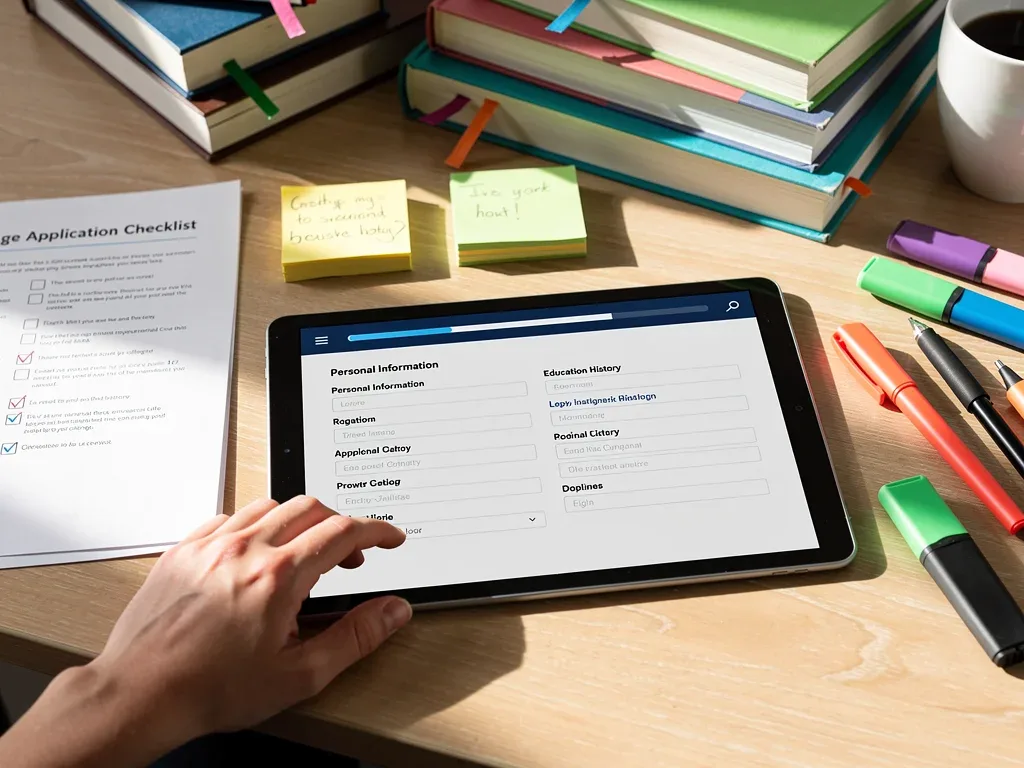 Hand filling out online college application form with checklist