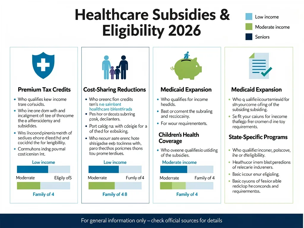 Infographic detailing healthcare subsidy types and eligibility 2026