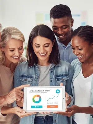 Diverse group reviewing healthcare subsidy information on a tablet
