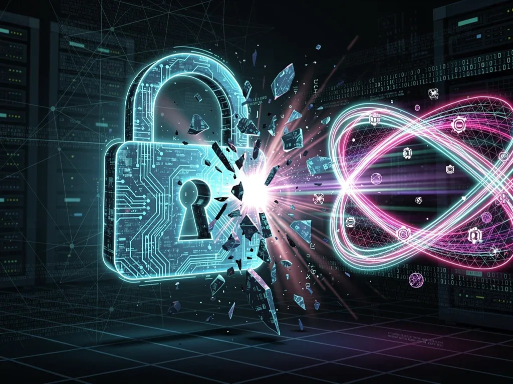 Digital lock shattered by quantum particle, symbolizing encryption vulnerability