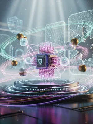 Quantum computer breaking through traditional data encryption, futuristic security implications